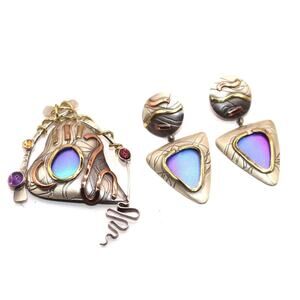 Susan Maria Buckley Sterling Silver Niobium Modernist Brooch & Earrings SET!